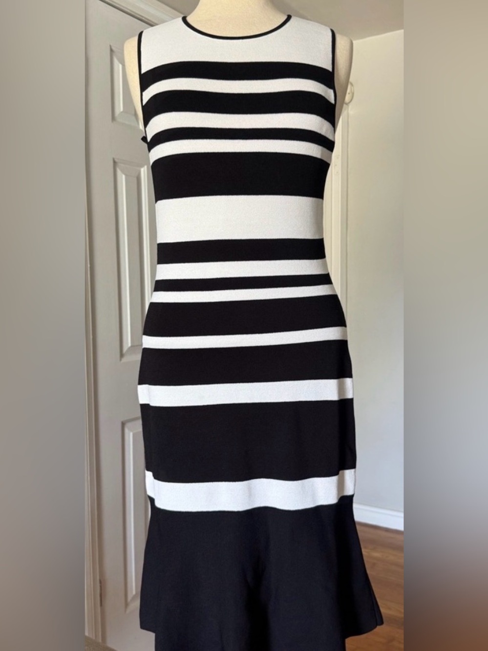 NWT White House Black Market - Black & White Striped Knit Flounce Dress